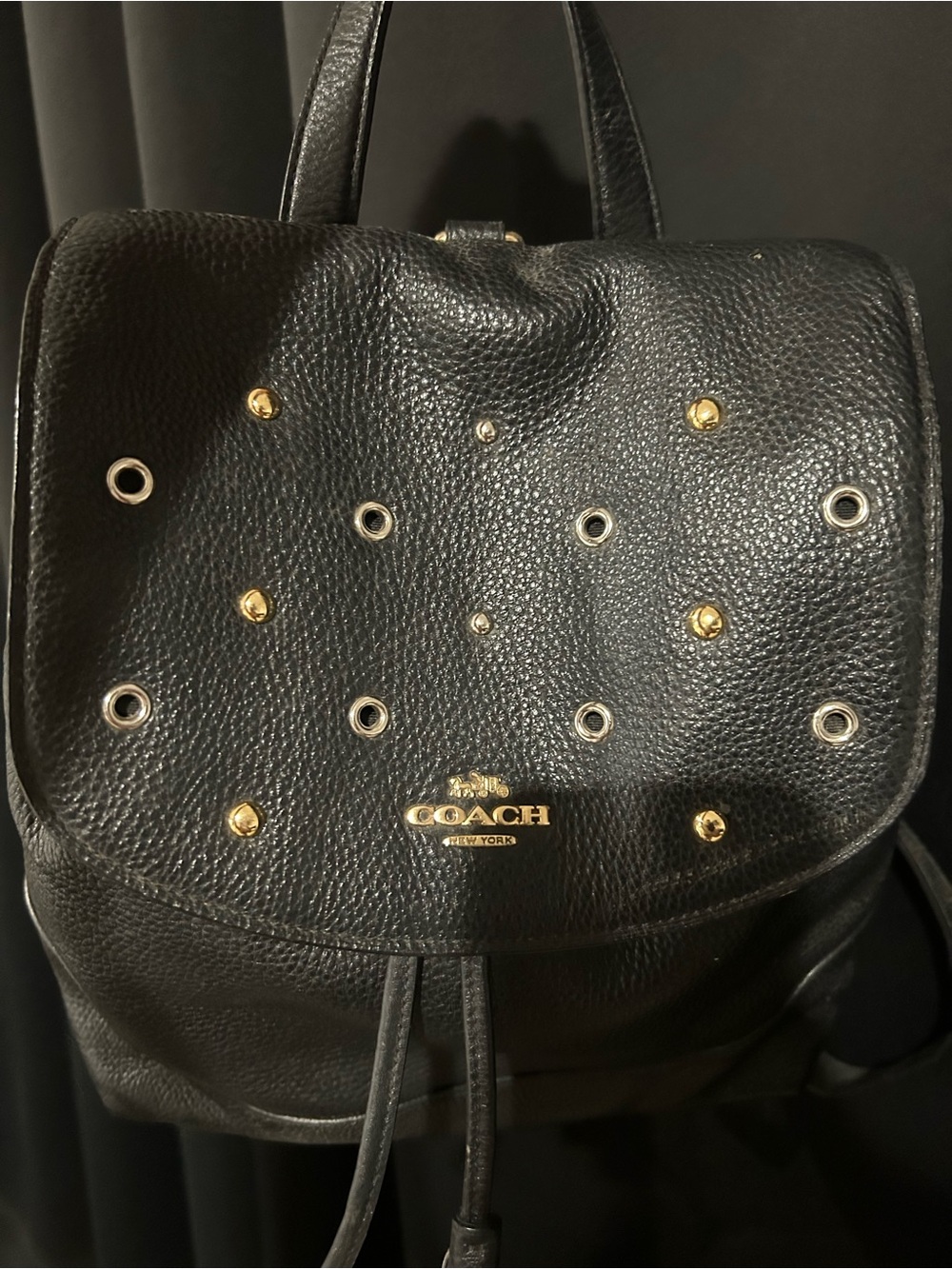 Coach Black Pebbled Leather Grommet Drawstring Backpack - Picture 2 of 11